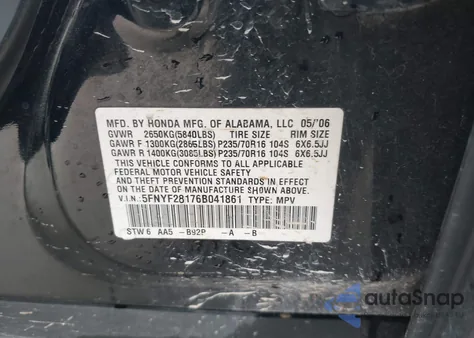 2006 Honda Pilot Lx from USA, damaged, VIN 5FNYF28176B041861